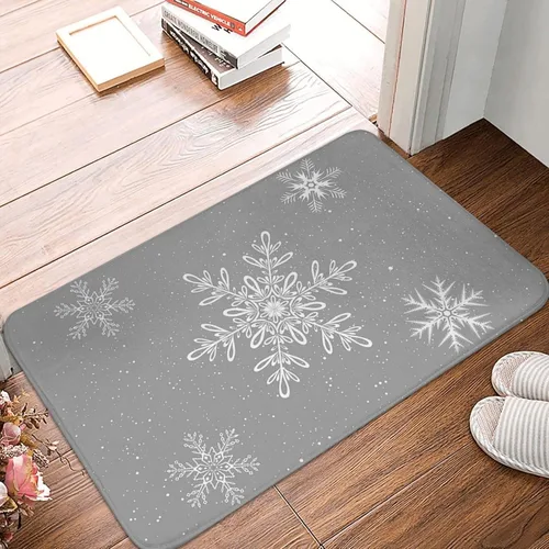Tapete de baño, tapete de baño suave y lanudo de Navidad con copos de nieve gris, tapete antideslizante para cocina, dormitorio, 18 x 30 pulgadas