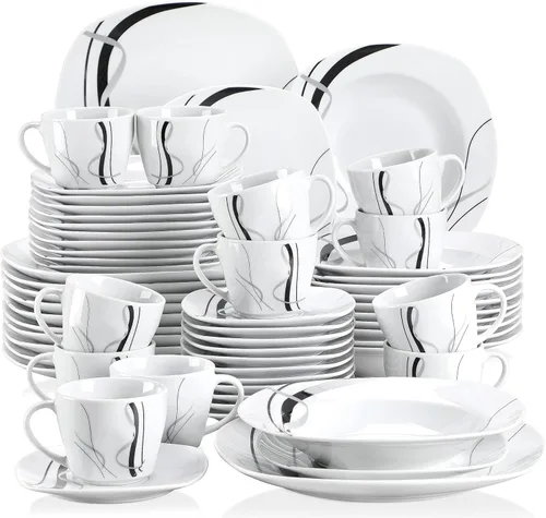 Miniatura 42 de VEWEET, Serie Fiona - Juego de vajilla de 30 piezas para 6 personas, blancos con rayas negras y grises, vajilla de porcelana de platos de postre