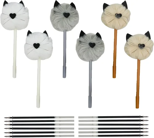 Maydahui 6 bolígrafos de gel de peluche con forma de gato con pompón de piel esponjosa, con 12 recambios de bolígrafo, tinta negra para oficina,