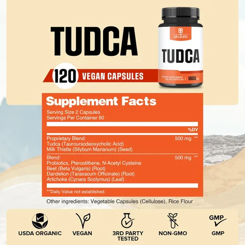 Miniatura 2 de Suplemento Tudca 8 en 1 de 1000 mg – 120 cápsulas durante 2 meses – Extra fuerte con cardo mariano, probióticos, raíz de remolacha, diente de león