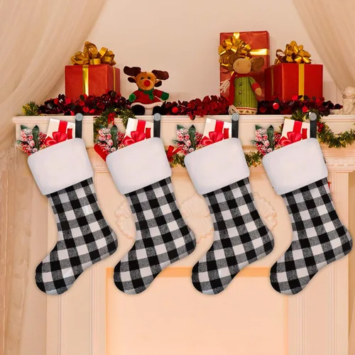Miniatura 2 de Skylety - Calcetines de Navidad de 20” con tela a cuadros, piel sintética, para colgar en chimeneas, fiestas de Navidad en familia