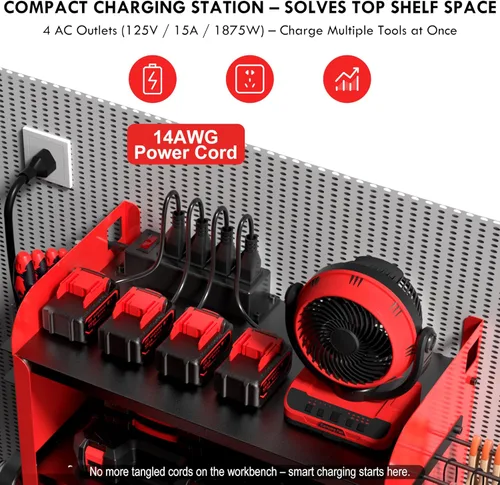 Miniatura 3 de KSVO Organizador de herramientas eléctricas para montaje en pared con estante de taladro y cajones de bloqueo, estante de herramientas de metal Rojo