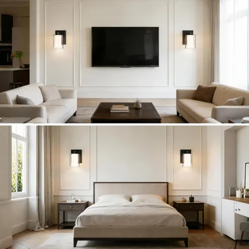 Miniatura 4 de Kalium Juego de apliques de pared de dos piezas, luces de tocador modernas con pantalla de vidrio transparente doble en negro mate para interiores