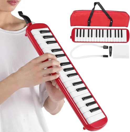 Miniatura 2 de Melódica para principiantes de 32 llaves, portátil con bolsa de transporte, boquilla de corneta, entrenamiento musical para niños, rojo