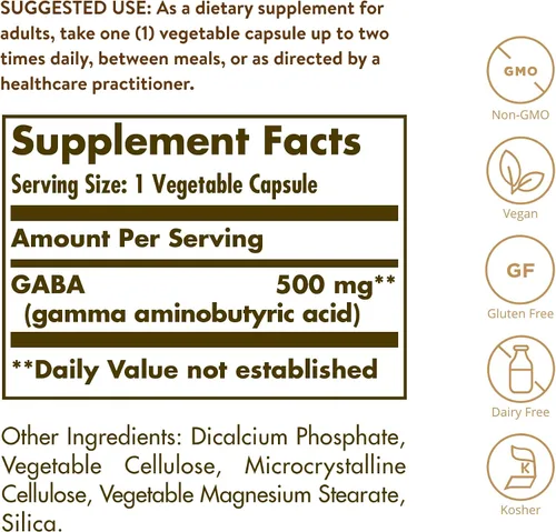 Miniatura 2 de Solgar GABA 500 mg, 100 cápsulas vegetales – Relajación y apoyo del sistema nervioso – Aminoácidos – Sin OMG, vegano, sin gluten, sin lácteos
