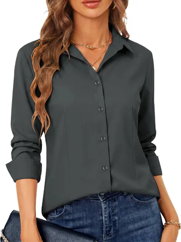 Miniatura 38 de BBIBBI Camisa de vestir elástica de manga larga con botones para mujer, blusa de trabajo casual de negocios (clásica, recortada y alta)