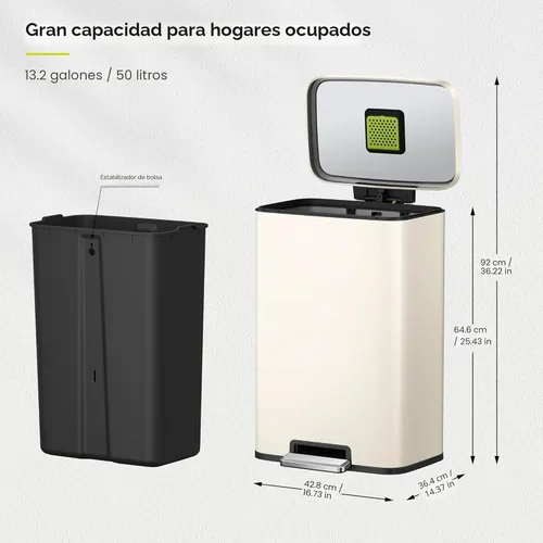 Miniatura 2 de EKO Madison Vanilla - Bote de basura con pedal de acero inoxidable de 50 litros/13.2 galones con forro interior - Acabado resistente a las huellas