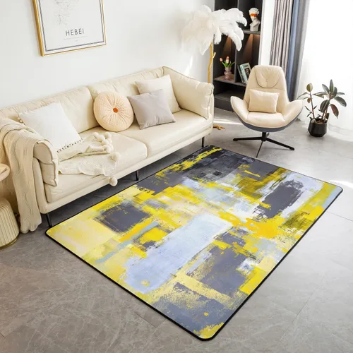 Erosebridal Alfombra de área de pintura al óleo para sala de estar, alfombra grunge ombré de 5 x 7, alfombra de acuarela amarilla azul y negra,