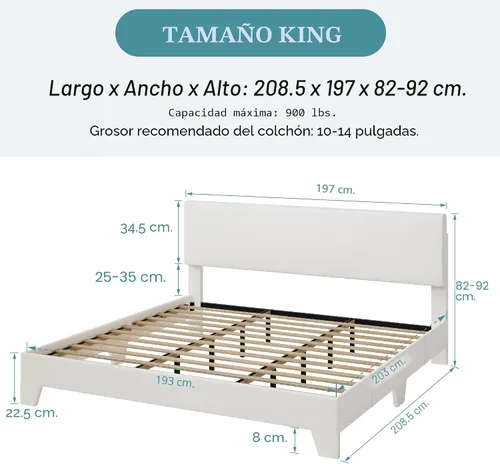 Miniatura 2 de SHA CERLIN Base de cama tamaño King con cabecera ajustable, plataforma tapizada de piel sintética con listones de madera, base de colchón estable