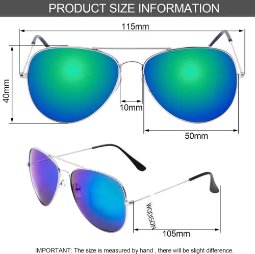 Miniatura 3 de Wodison Gafas de sol clásicas para niños y niñas, lentes de sol reflectantes con marco de metal, marco plateado, lentes azules y verdes, plateado