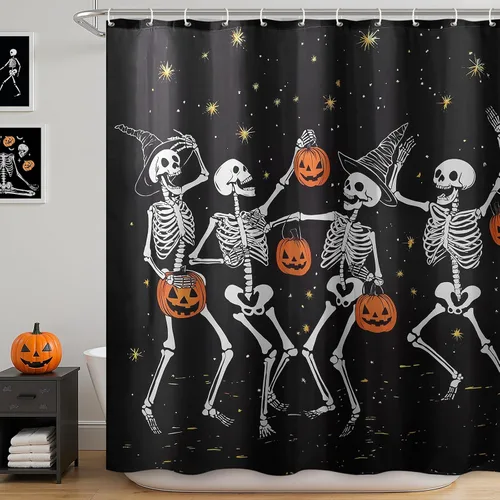 Cortina de ducha de Halloween: fantasmas bailarines espeluznantes con calabazas, juego de cortina de ducha de Halloween con ganchos, decoración de