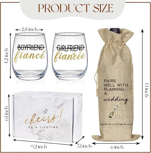 Miniatura 7 de Regalos de compromiso para parejas, juego de copas de vino y bolsas recién comprometidas, regalos de prometido para mujeres, su novia, decoraciones