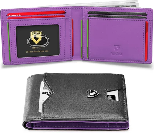 GSOIAX Billetera delgada para hombre, minimalista, de piel auténtica, fibra de carbono, bloqueo Rfid, doble tarjetero con caja de regalo, Negro y