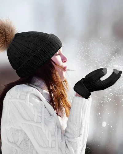 Miniatura 6 de Juego de 4 gorros de invierno para mujer, gorro de punto, guantes para pantalla táctil