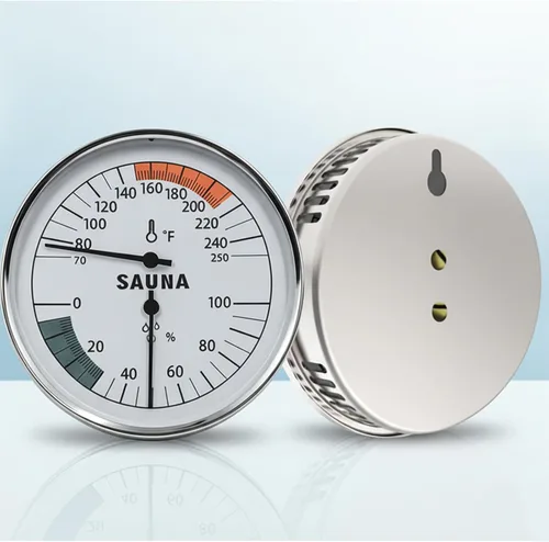Miniatura 4 de Termómetro mecánico de sauna higrómetro, acero inoxidable y vidrio resistente a la niebla, temperatura 2 en 1 (70-250°F) y humedad (0-100%) calibre