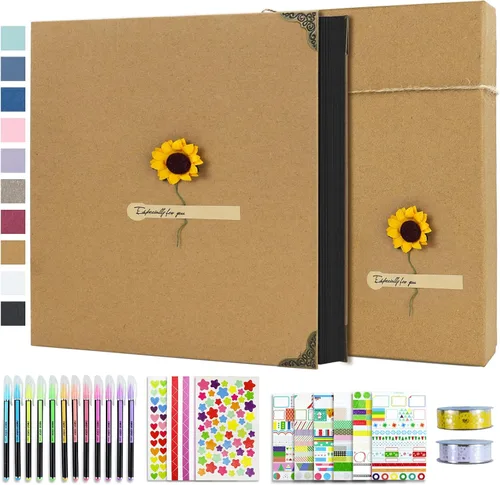 Miniatura 11 de Vienrose Kit de álbum de fotos de bricolaje con bolígrafos, cintas y calcomanías, 60 páginas, tapa dura de 8.5 x 11 pulgadas, 3 anillos, papel negro