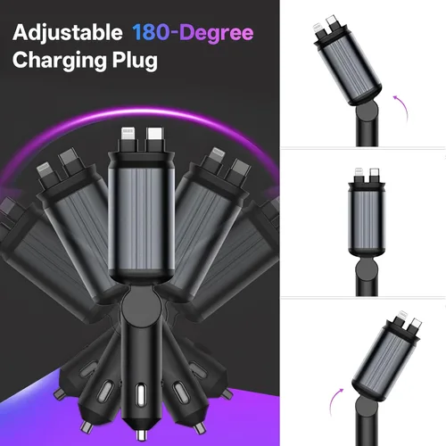 Miniatura 6 de Cargador de Coche Retráctil, Cargador de Coche de Carga Rápida 4 en 1 Compatible con USB-C y USB-A para iPhone 16/15/14/13/12/11/X, Galaxy, Pixel