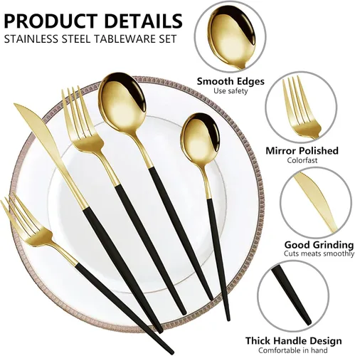 Miniatura 5 de Kawlity Cubiertos de acero inoxidable duraderos negros y dorados pulidos, cucharas, tenedores, 30 piezas, utensilios de mesa, para cocina