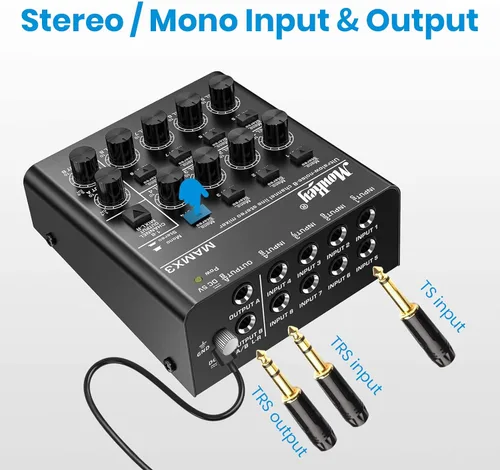 Miniatura 2 de Mezclador de audio Moukey, DC 5V, 8 canales estéreo ultra, mezclador de línea de 8 canales de bajo ruido para sub-mezcla, para pequeños clubes