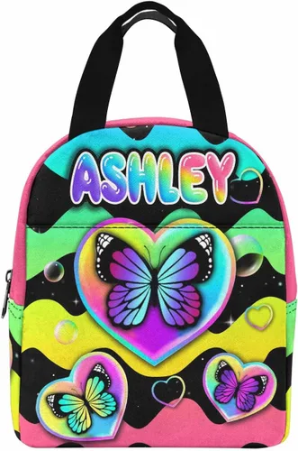 Miniatura 11 de InterestPrint Bolsa de almuerzo con nombre personalizado para hombres y mujeres, diseño de mariposa rosa y azul personalizada, caja de almuerzo