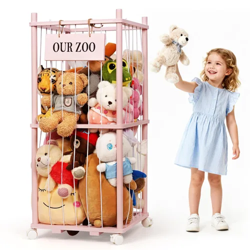 Miniatura 14 de Edudif Almacenamiento de animales de peluche, soporte vertical para animales de peluche de madera, fácil montaje, organizador de juguetes de peluche