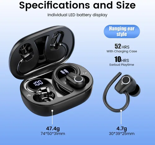 Miniatura 6 de Auriculares inalámbricos Bluetooth 5.3 con ganchos para los oídos, pantalla de alimentación LED de 52 horas de reproducción, IPX7 impermeables