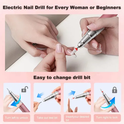 Miniatura 4 de Taladro eléctrico de uñas con motor sin escobillas, lima de uñas profesional inalámbrica de 40000 RPM para eliminación de acrílico y gel, kit de Rosa