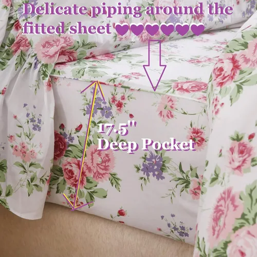 Miniatura 4 de Queen's House Juego de Sábanas Florales de Rosas Románticas de 4 Piezas Ropa de Cama Vintage Shabby Chic Estilo Campestre Francés Sábanas con Rosa