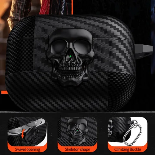 Miniatura 6 de Funda para AirPods Pro de 2ª generación, calavera con cerradura y llavero para hombres, divertida fibra de carbono de cuerpo completo, a prueba