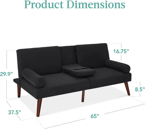 Miniatura 3 de Best Choice Products Mid-Century - Futón tapizado moderno, sofá cama plegable convertible, sofá pequeño con reposabrazos redondeados, 2 portavasos