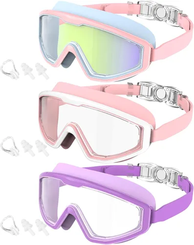 Kids Swim Goggles, 3 Pack Swimming Goggles for Kids 4-16, Anti-Fog UV Protection Pool Glasses for Boys Girls Rosa Azul/Blanco Rosa/Púrpura