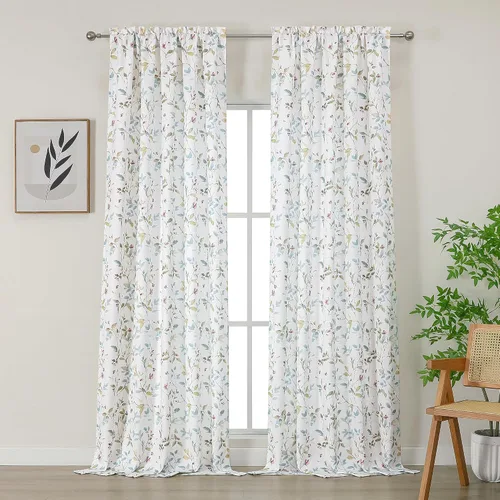 Miniatura 30 de Chyhomenyc Cortinas de mezcla de lino de 63 pulgadas de largo, 2 paneles de cortina con estampado floral filtrante de luz para sala de estar