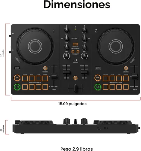 Miniatura 8 de Pioneer DJ AlphaTheta DDJ-FLX2 Paquete de controlador DJ compacto de 2 canales con estuche, cable para instrumentos y paño de pulido Austin Bazaar