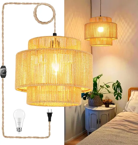 QIYIZM Lámpara colgante enchufable con cable de enchufe, lámpara colgante de ratán bohemio regulable de mimbre de bambú, pantalla tejida de bambú,
