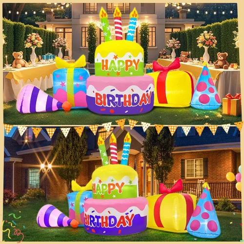 Miniatura 2 de Decoración inflable de pastel de cumpleaños feliz de 8 pies con velas, decoraciones inflables para patio exterior, luces LED integradas para fiestas