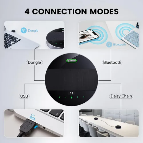 Miniatura 3 de TONGVEO Altavoz y micrófono de conferencia 2 en 1, altavoz inalámbrico Bluetooth Daisy Chain con micrófonos omnidireccionales de 360° conexión