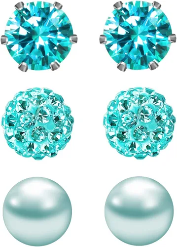 Miniatura 33 de JewelrieShop - Juego de aretes de tuerca de acero inoxidable con circonitas cúbicas y perlas de imitación, 3 pares de 0.236 in