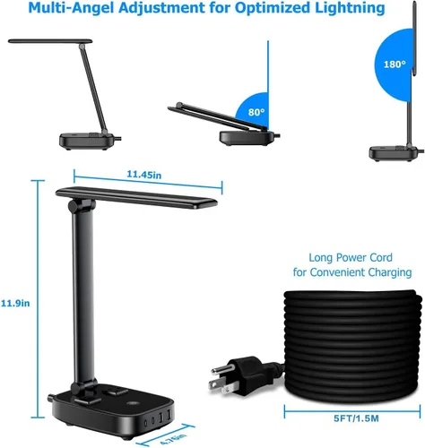 Miniatura 6 de Yostyle Lámpara de escritorio LED con 4 puertos de carga USB y 2 salidas de CA, estación de tira de alimentación con cable de extensión de 5 pies