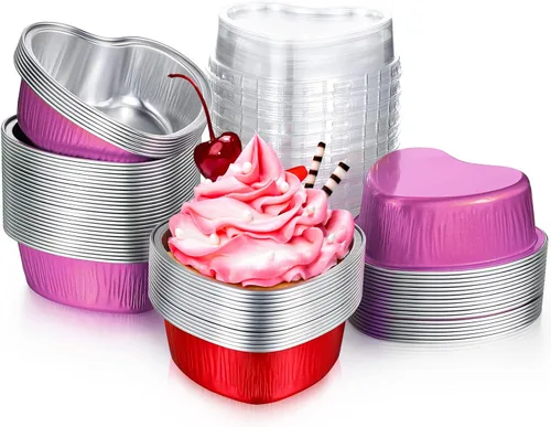 Miniatura 9 de Honeydak 100 juegos de moldes para hornear con forma de corazón, mini molde de aluminio de 3.4 onzas, lata desechable para cupcakes con tapas
