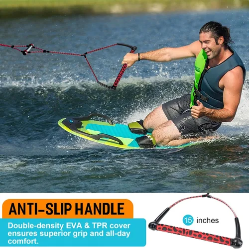 Miniatura 2 de Obcursco Cuerda Wakeboard, línea de deportes acuáticos con mango EVA. Ideal para esquí acuático, wakeboard, rodillera 2 secciones rojo y negro