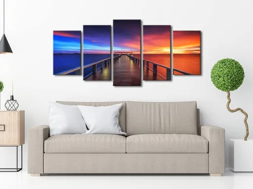Miniatura 2 de Pyradecor 5 paneles tamaño XL atardecer, puente, impresiones en lona HD, paisajes del mar, arte en lona, paisajes para el hogar, decoración
