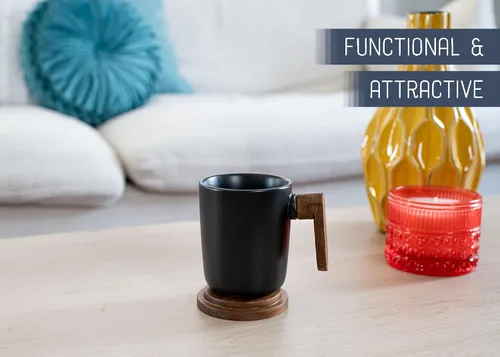 Miniatura 5 de Nat & Jules Taza de cerámica estilo japonés, negra, 12 onzas, con asa de madera y tapa con posavasos