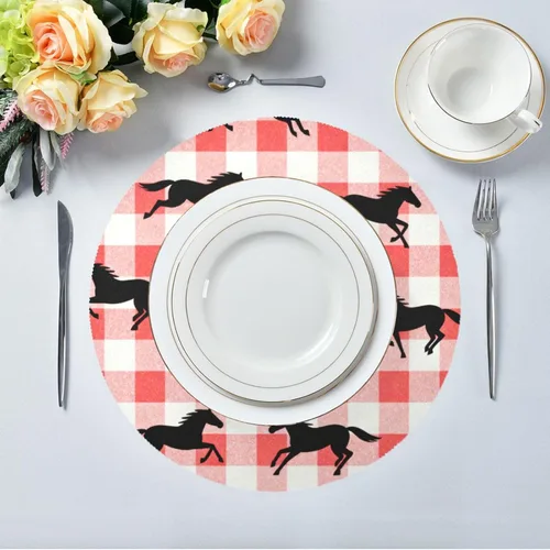 Miniatura 5 de Red Checkered Running Horse Circle placemats Solid placemats for Dining Table Set of 4 15x15 in individuales para comedor