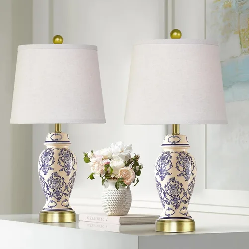 Miniatura 10 de Chinoiserie - Juego de 2 lámparas de mesa de cerámica para sala de estar, dormitorio, mesita de noche, lámpara de mesa clásica de porcelana azul
