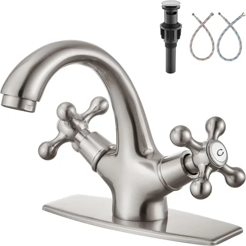 Aolemi Grifo de lavabo de baño de un solo agujero, frío y caliente, doble mango, pomos cruzados, lavabo mezclador con placa de cubierta con drenaje