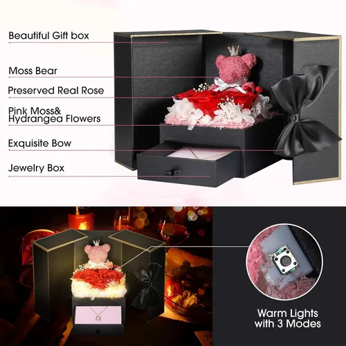 Miniatura 8 de Bonito regalo de oso de rosas reales preservadas con collares iniciales chapados en oro de 18 quilates para mujeres, día de la madre, cumpleaños