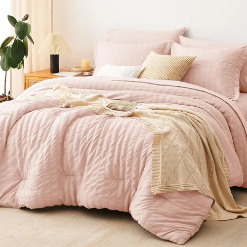 Miniatura 11 de CozyLux Juego de ropa de cama con edredón tamaño King Beige Seersucker de 7 piezas, juego de cama en una bolsa, con edredón, sábanas, fundas