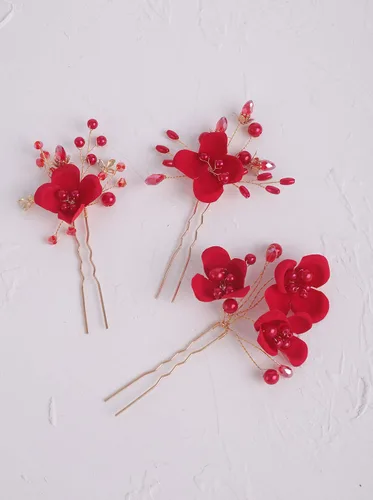 Miniatura 5 de Accesorio para el pelo de novia, peine de flores rojas con diamantes de imitación y perlas para mujeres, novia, graduación, fiesta, noche