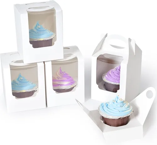Miniatura 7 de Cajas para cupcakes, 50 unidades, recipientes individuales para cupcakes marrón con inserto de ventana y asa, caja de pastelería individual soporte