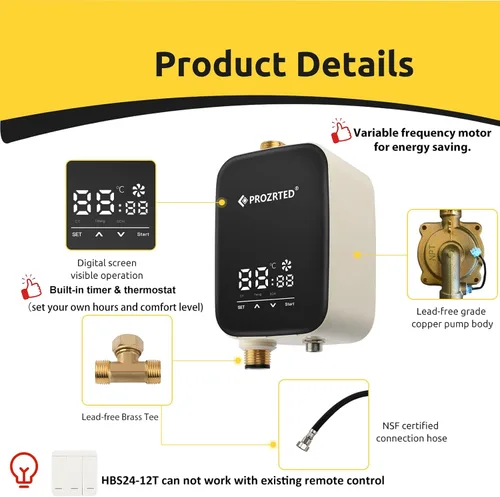 Miniatura 6 de Kit de bomba de recirculación de agua caliente instantánea digital inteligente HBS24-12T – Termostato incorporado, temporizador, pantalla digital